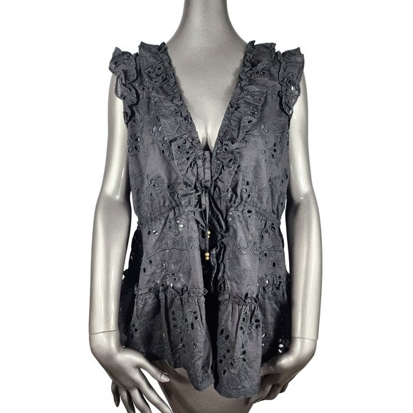 Thakoon NWT Black Eyelet Ruffle Peplum Tie Blouse Top 8 - Picture 1 of 5